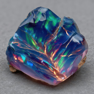 Macro view of a raw opal nodule exhibiting veins of precious opal and vibrant play-of-color