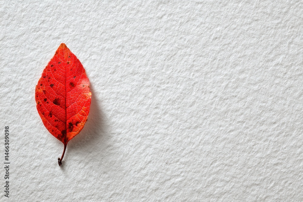 Poster single red leaf resting on a textured white background highlights the beauty of autumn simplicity an