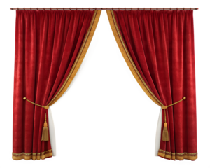 A pair of red velvet stage curtains with gold trim are drawn back to reveal a transparent background