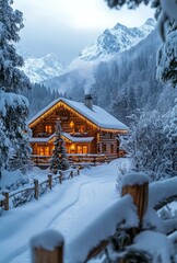 Fototapeta premium Beautiful Photography of a Traditional Austrian Wooden Mountain Chalet on a Sunny Day for a Romance Book Cover