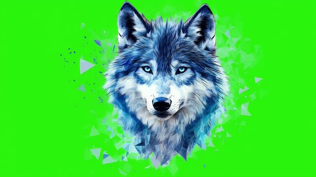 Low poly wolf head with icy blue and cyan glowing geometric patterns, green background