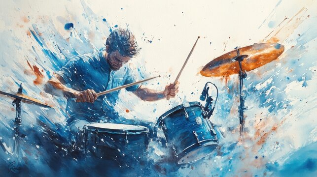A dynamic watercolor painting of a drummer energetically playing a drum set, with vivid blue and orange splashes conveying motion and passion.