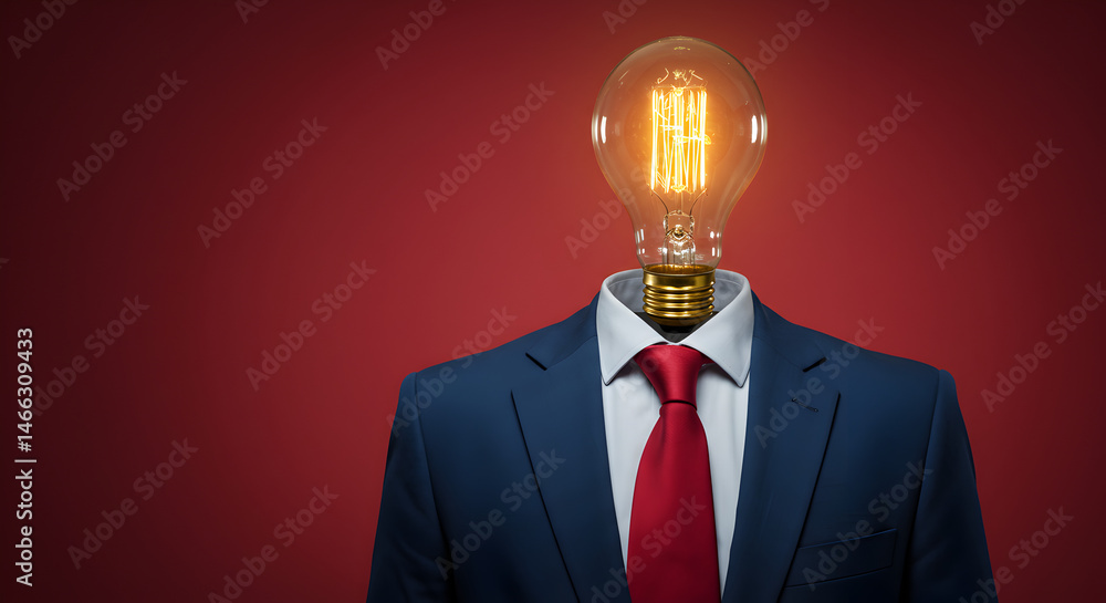 Poster conceptual business idea image of lightbulb head on a business suit with red tie on red background s