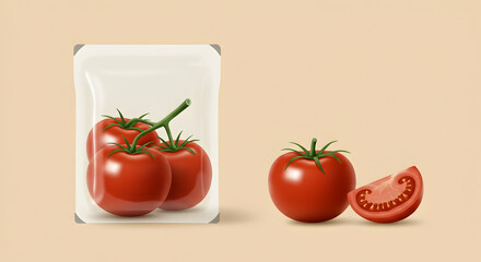Fresh Red Tomatoes in Clear Packaging with Sliced Tomato on Side