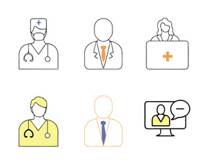 Medical Professionals Icon Set – Flat Vector Illustrations of Doctors, Nurses, and Telemedicine Concepts for Healthcare Apps and Online Consultations.