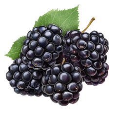 Fototapeta premium Cartoon Blackberries with Green Leaves Isolated on White Background