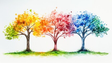 Fototapeta premium Three vibrant watercolor trees in yellow, orange, and blue hues stand side by side on a grassy field against a white background.