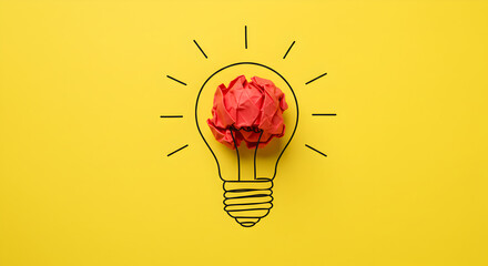 Crumpled Red Paper Inside Drawn Light Bulb Shape on Yellow Background Symbolizing Creative Idea