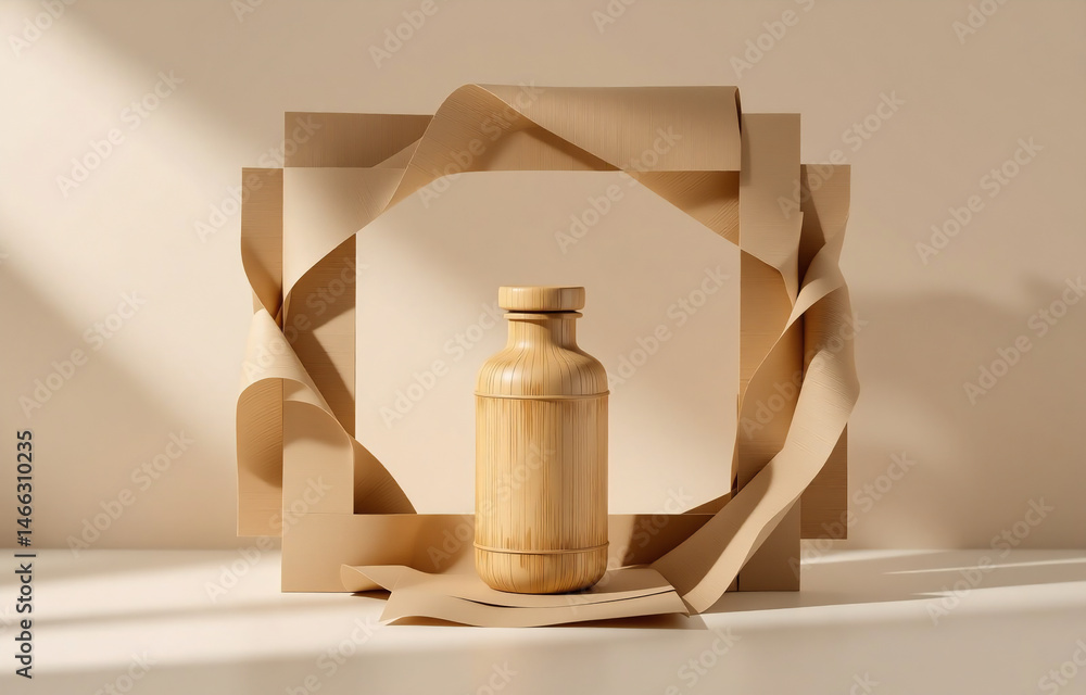 Poster sunlight illuminates a bamboo water bottle, elegantly displayed within a square frame crafted from f