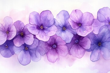 Watercolor illustration of delicate purple flowers with soft, blended petals on a light background.