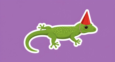 Colorful Cartoon Lizard with Party Hat on Vibrant Background