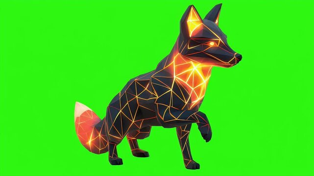 Fox with neon orange glowing triangular patterns, green background