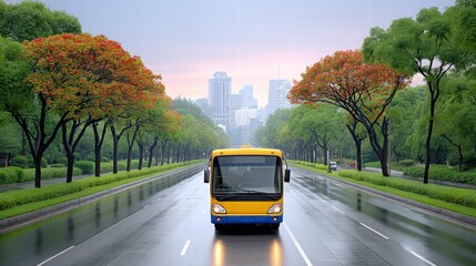 Obraz premium Yellow bus driving down a rain slicked city street lined with vibrant green trees and orange red flowers. City skyline visible in the background under a soft, overcast sky.