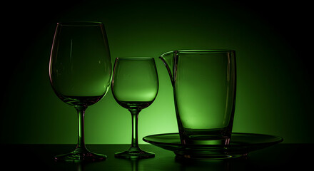 Elegant Glassware on Dark Background with Green Lighting Effects