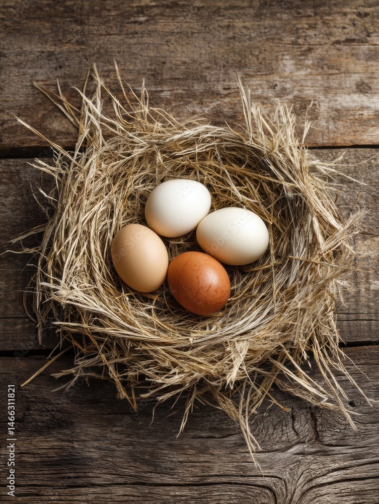 Poster realistic straw nest with white and brown eggs resting on weathered wood surface generative ai