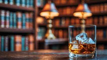 Glass of whiskey with ice on wooden table in front of bookshelf. Suitable for whiskey or relaxation concepts in design.
