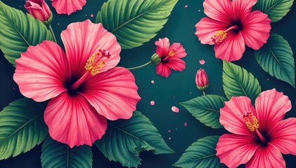 Bold blooming hibiscus, vibrant tropical seamless design, floral design, red