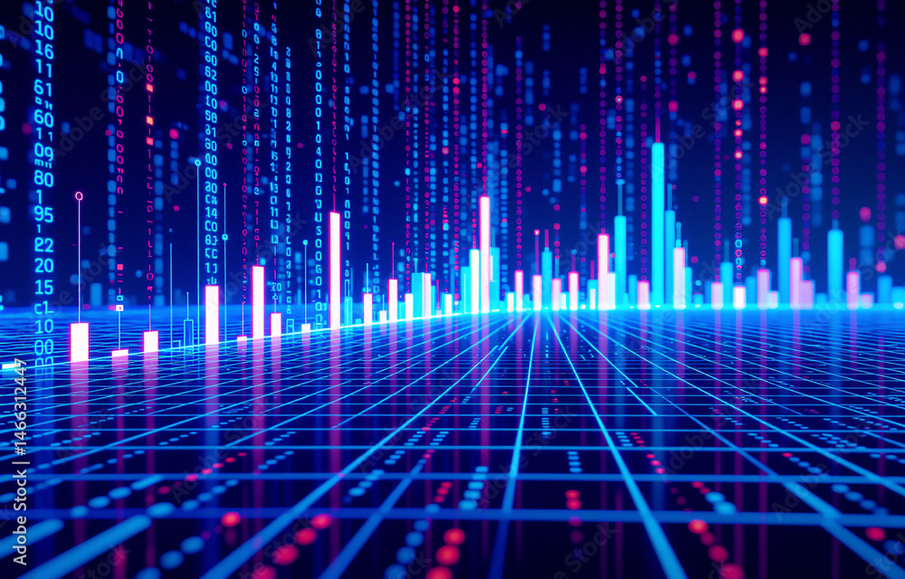 Leinwandbilder abstract digital landscape of glowing blue and pink data streams forming dynamic bar graphs. perspec