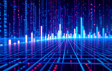 Abstract digital landscape of glowing blue and pink data streams forming dynamic bar graphs.  Perspective creates a sense of depth and futuristic technology.