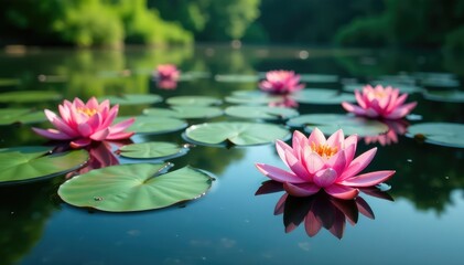 Water lilies forming a natural floral pattern across a tranquil lake, petals, graphics, summer