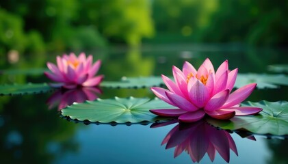 Water lilies, lotus blooms, vibrant petals on calm lake surface, water, pattern, art