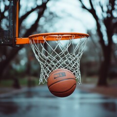 Fototapeta premium The Perfect Shot: A Basketball Moment Frozen in Time with an Orange Hoop, Crisp Net, and a Focused Ball Against a Blurred, Moody Outdoor Background.