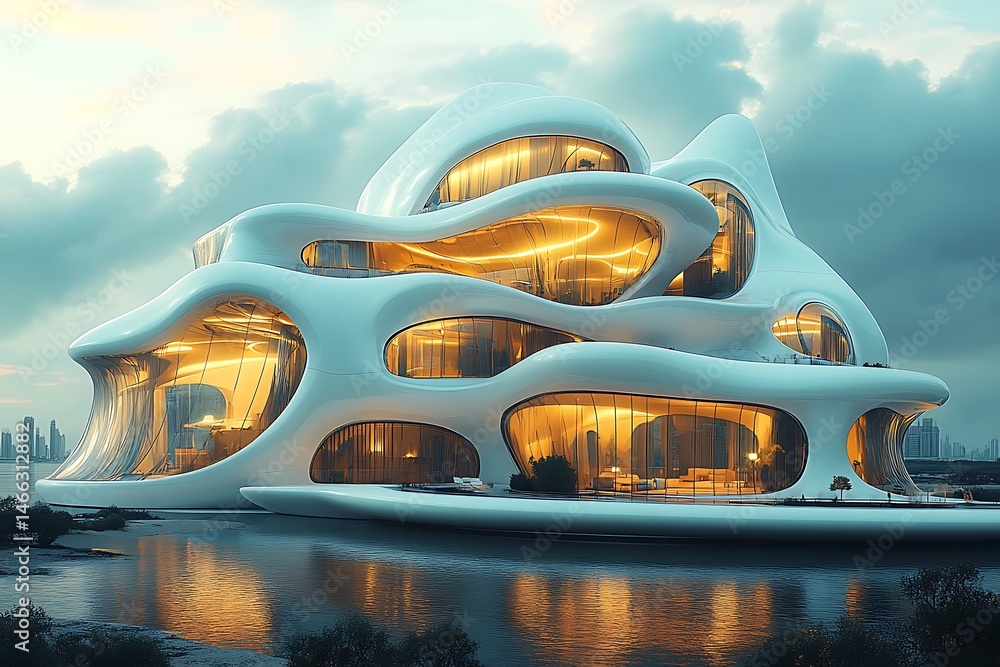 Poster a modern design with massive interlocking structures forming the building.