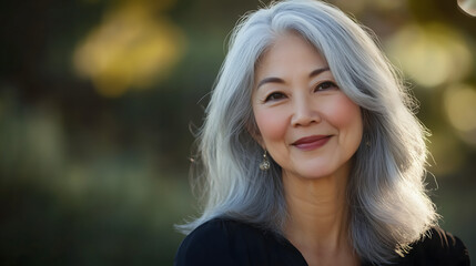 Naklejka premium Confident Mature Asian Woman with Gray Hair Smiling Outdoors