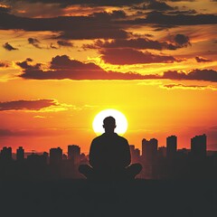 Golden Horizons: Silhouette of a Man Watching the Beautiful City Skyline Sunset.