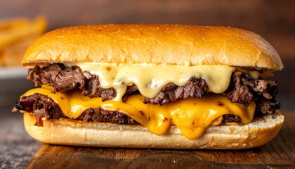 A delicious sandwich filled with tender beef brisket and melted cheddar cheese, served in a soft bun, perfect for a hearty meal