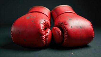 Close-up shot of a pair of worn boxing gloves, showing detail and texture , equipment, fight gear, sport