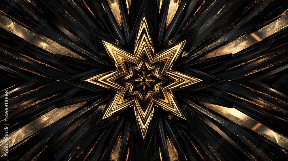 Poster geometric gold starburst pattern on black background illuminating decorative texture creating rich v