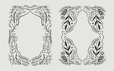 Floral frame border set hand drawn illustration with flowers, blooms, branch. line art style. Perfect for wedding, cards or invitation.