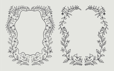 Floral frame border set hand drawn illustration with flowers, blooms, branch. line art style. Perfect for wedding, cards or invitation.