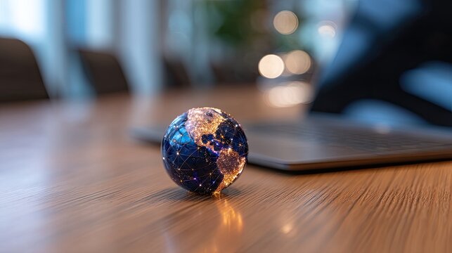 Climate Change Environmental Policy Conservation. Illuminated globe on a desk beside a laptop, creating a modern workspace ambiance.