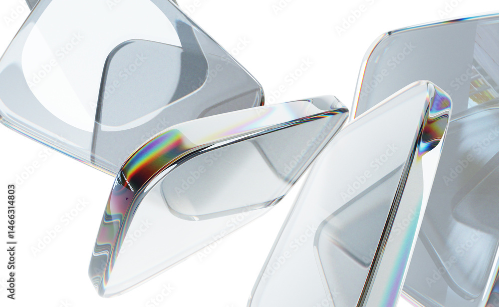 Poster 3d glass transparent square shapes on gray background. Abstract render geometric rectangle plates with neon light refraction in prism. Digital tech banner with glossy clear objects