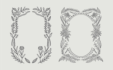 Floral frame border set hand drawn illustration with flowers, blooms, branch. line art style. Perfect for wedding, cards or invitation.
