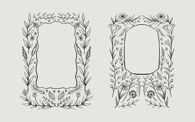 Floral frame border set hand drawn illustration with flowers, blooms, branch. line art style. Perfect for wedding, cards or invitation.