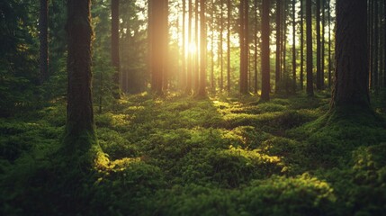 Obraz premium Sunlight filtering through a mossy forest floor