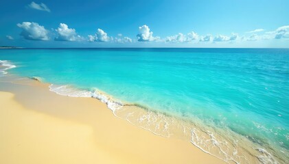Obraz premium Deep blue ocean, bright yellow sand, turquoise water, paradise, peaceful