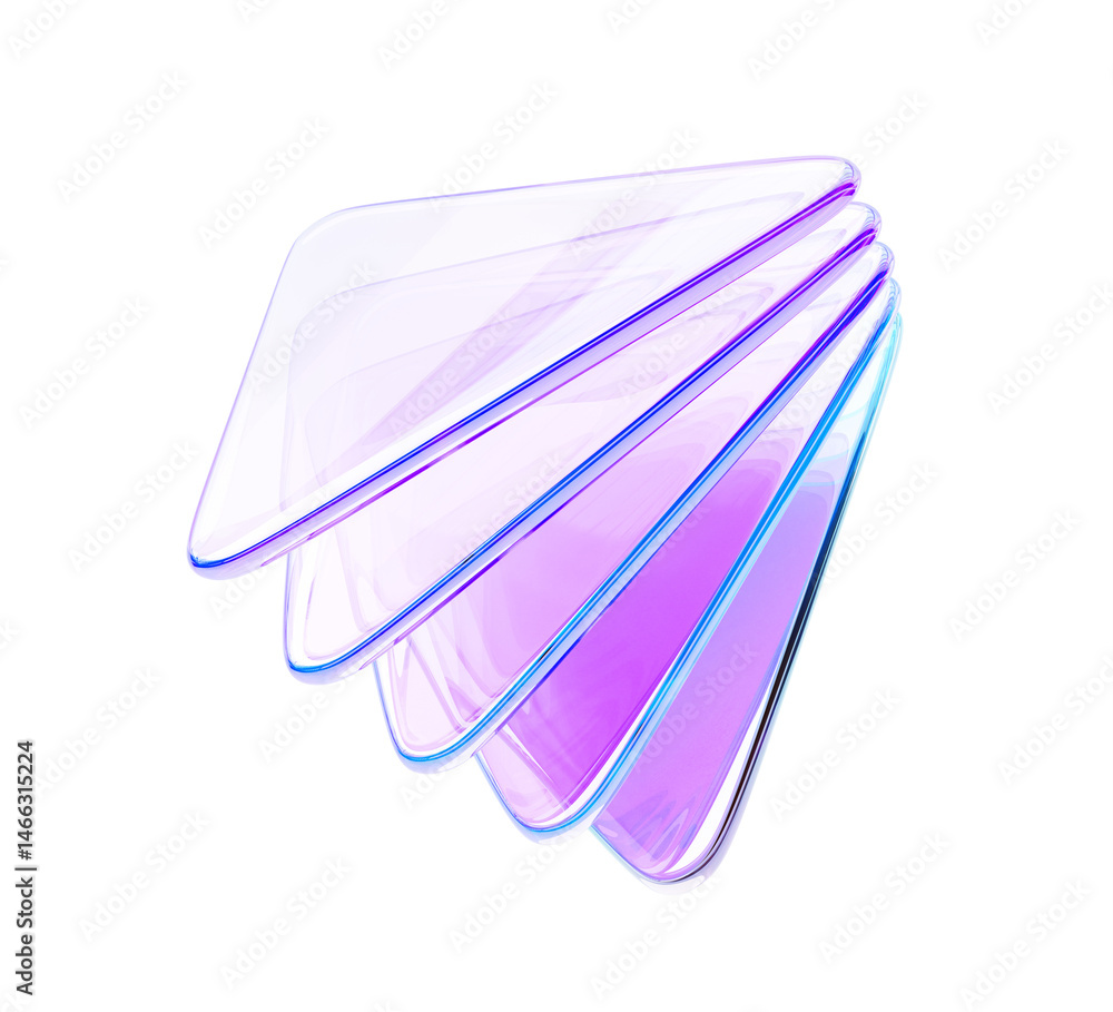 Poster 3d abstract glass holographic transparent triangle plates with layer effect render. Iridescent acrylic or plastic triangular shapes with rainbow light gradient on blue background