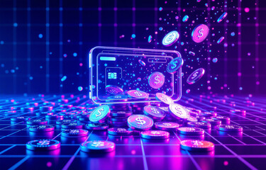 Futuristic digital wallet overflowing with glowing currency; vibrant neon colors, grid background suggests digital finance and cryptocurrency transactions.
