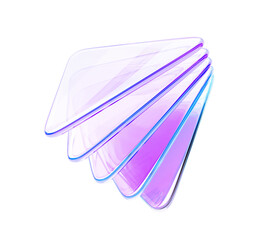 3d abstract glass holographic transparent triangle plates with layer effect render. Iridescent acrylic or plastic triangular shapes with rainbow light gradient on blue background