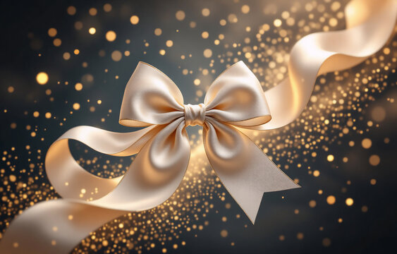 Elegant champagne satin ribbon tied in a perfect bow, shimmering with golden bokeh lights against a dark background.  A luxurious and celebratory image. - Powered by Adobe