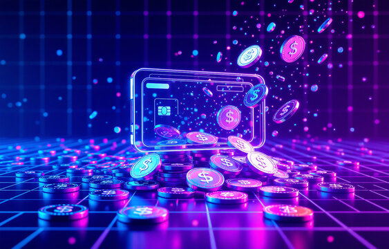 Futuristic digital wallet overflowing with glowing currency; vibrant neon colors, grid background suggests digital finance and cryptocurrency transactions.