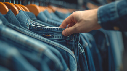 person's hand is selecting a pair of jeans from a rack of various denim clothes in a retail clothing store.