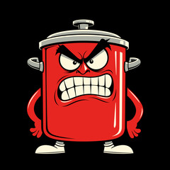 Angry red pot with arms and legs on black background