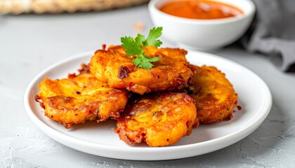 Fototapeta premium Crispy fried plantains served on a white plate, garnished with cilantro, accompanied by a bowl of dipping sauce