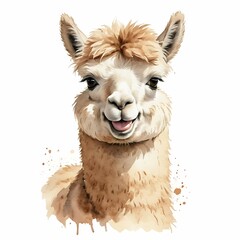 Fototapeta premium Smiling Alpaca Portrait with Watercolor Style on White Background