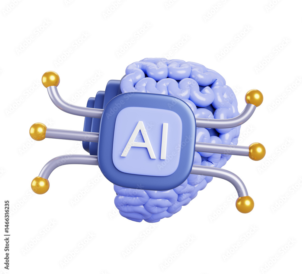 Poster artificial intelligence brain implant or ai chip icon 3d render. brain computer interface, mind and 
